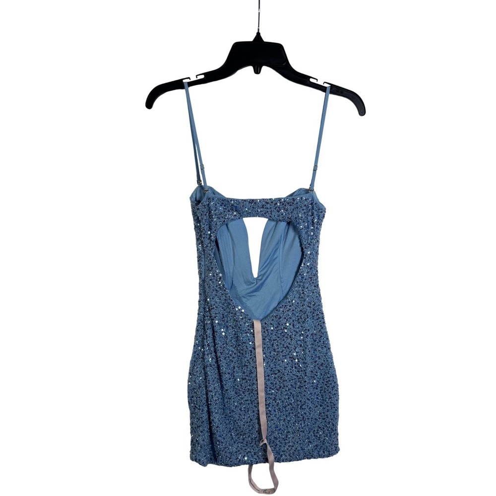 Oh Polly Sequin Mini Dress Light Blue Strapless Deep V Cutout Back US 2 - Picture 5 of 9
